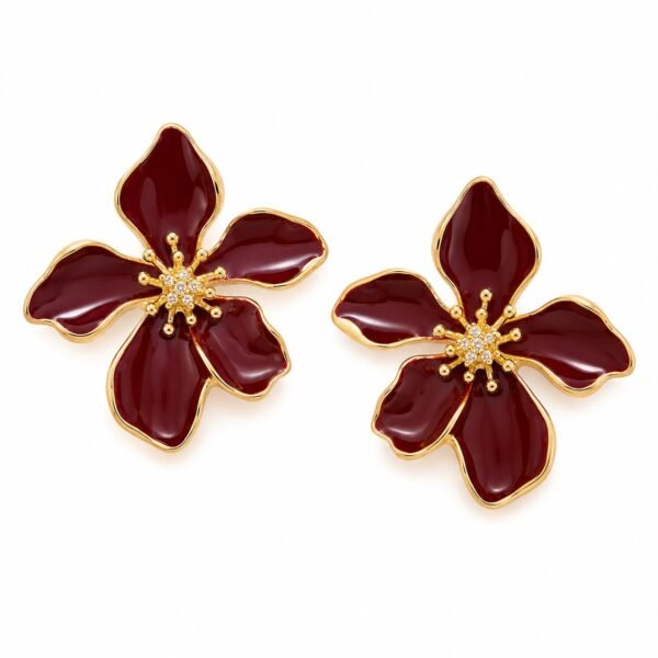 Burgundy blossom enamel earrings